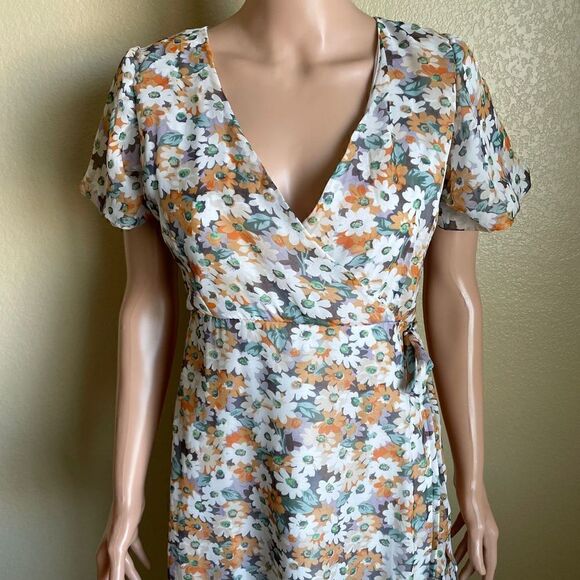 Mango Floral Puff Sleeve Side Tie MIDI Dress - Picture 2 of 9